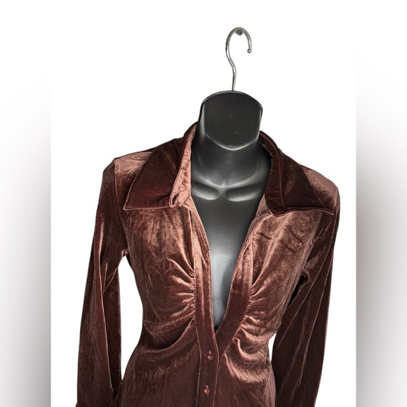 Hers & Mine Chic Long Sleeve velvet button down Dress in chocolate Brown Sz M - Picture 7 of 8